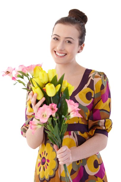 年轻女子手捧花束图片下载