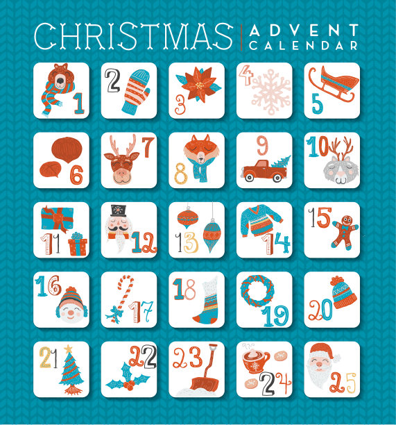 彩色手绘圣诞假期降临历设计集与线图标和数字设计图片下载