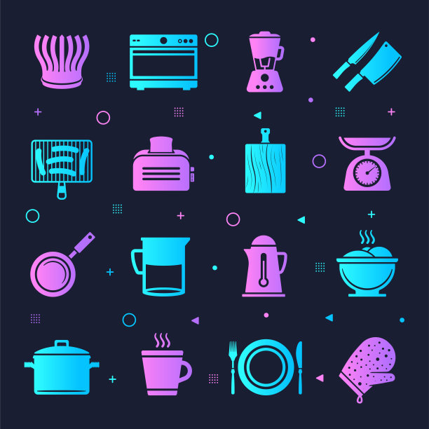食谱和食物灵感霓虹风格矢量图标集图片下载