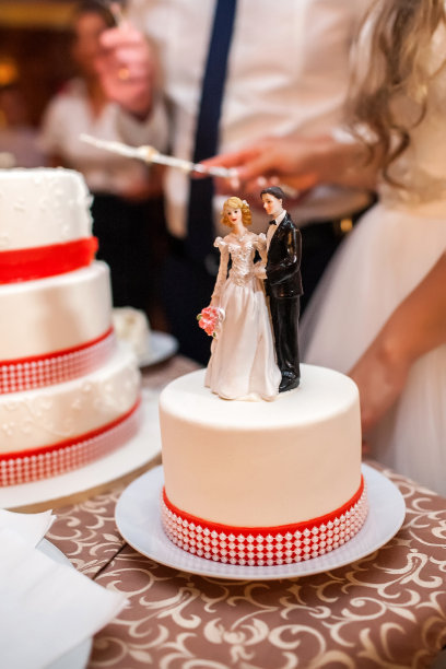 新娘和新郎切了一个漂亮的节日蛋糕，小雕像新娘和新郎的特写图片下载
