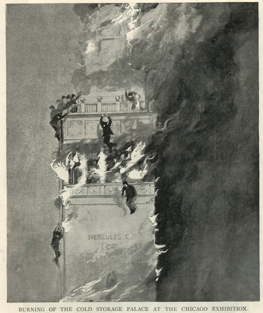 1893年7月11日，在芝加哥展览会上，消防员被困在燃烧的冷库宫殿中图片下载