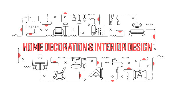 家居装饰和室内设计网页横幅线风格。现代设计矢量插图图片下载
