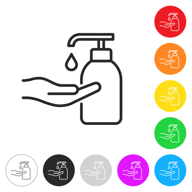 用洗手液消毒。按钮上不同颜色的平面图标图片下载