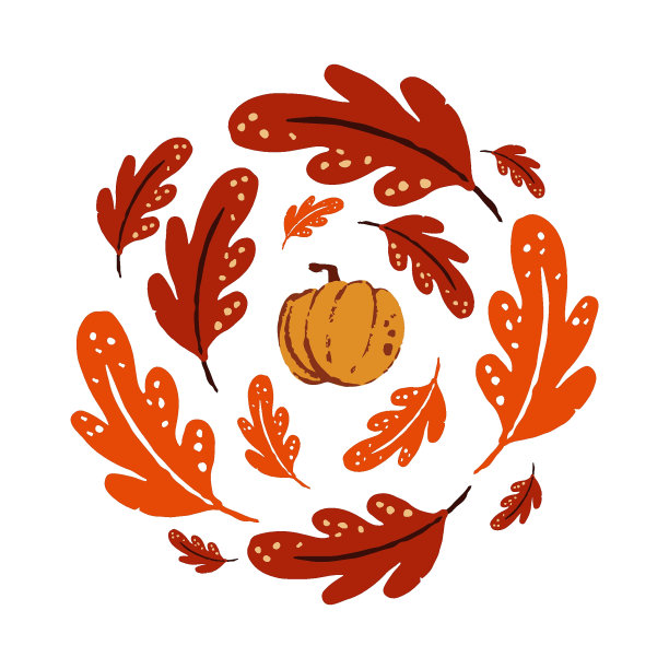 扁平风格秋季设计：手绘南瓜与橙色树叶矢量素材图片下载