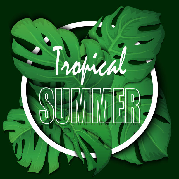 花的热带夏季背景与怪物的叶子。夏季热带叶背景与外来棕榈叶。党传单模板。书法刻字。销售横幅，海报与棕榈叶，丛林叶和手写字母。图片下载