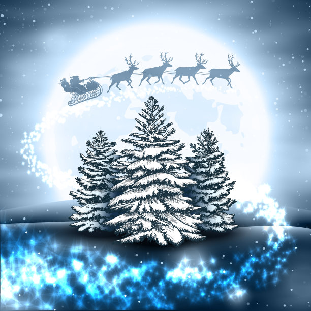 圣诞景观与圣诞老人的雪橇与月亮和圣诞树图片下载