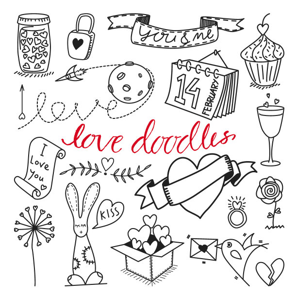 矢量爱主题手绘涂鸦和剪贴画集图片下载