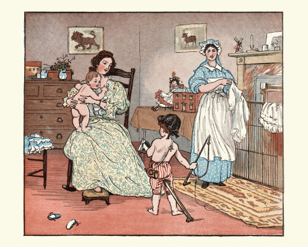 母亲，保姆给婴儿穿衣服，男孩在玩玩具马，维多利亚图片下载