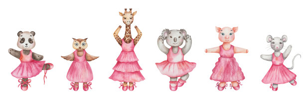 水彩插图手绘熊猫熊，猫头鹰鸟，长颈鹿，考拉，猪，老鼠女孩在舞蹈工作室粉红色的裙子和芭蕾舞鞋。卡通动物。孤立的剪贴画的版画，海报图片下载