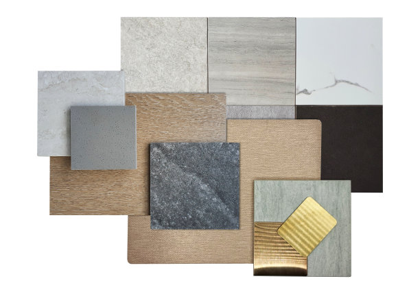 室内材料样品组包括金色不锈钢，金色金属铝，调色板石砖，木饰面，石英，人造石隔离的背景与裁剪路径。图片下载