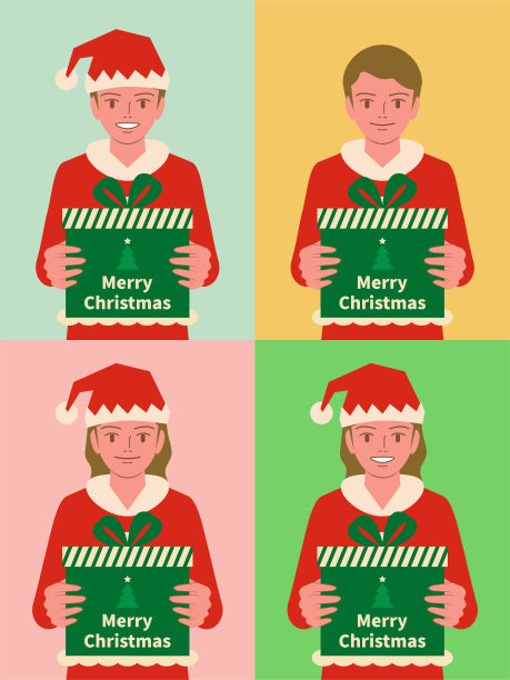 微笑的儿童（男孩和女孩）穿着圣诞老人服装，拿着圣诞礼物盒图片下载