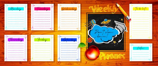 学校风格的周报、日记、计划理念。把本周的任务清单写在笔记本上，木质背景上有手写的贴纸。图片下载