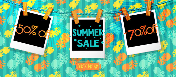 夏季促销和折扣的概念。快速打印照片与夏季折扣无缝彩色条纹背景与菠萝。图片下载
