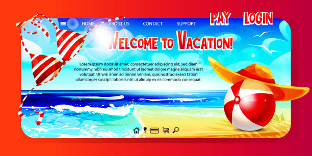 卡通风格的夏日旅游和海滩度假网页。球与巴拿马和比基尼顶部的背景上的海洋景观。欢迎来度假!图片下载