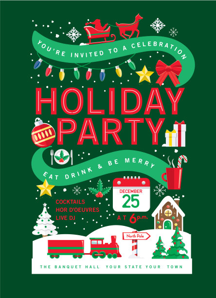 色彩缤纷的节日圣诞派对邀请设计模板与节日图标图片下载