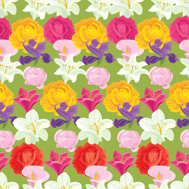 玫瑰，白百合，鸢尾花，金毛莲。花卉无缝模式。图片下载