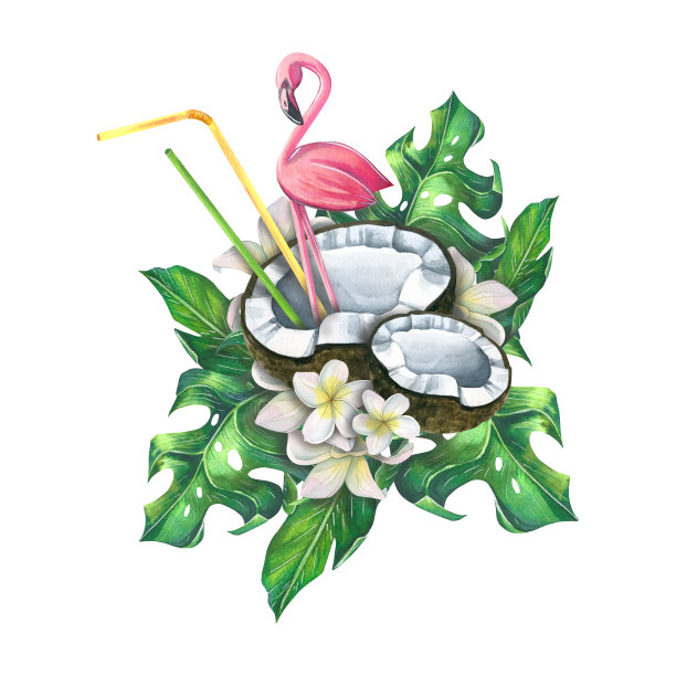 椰子的一半与粉红色火烈鸟和鸡尾酒管热带叶和鸡蛋花。水彩插图。用于纪念品、明信片、菜单、海报的装饰设计。图片下载