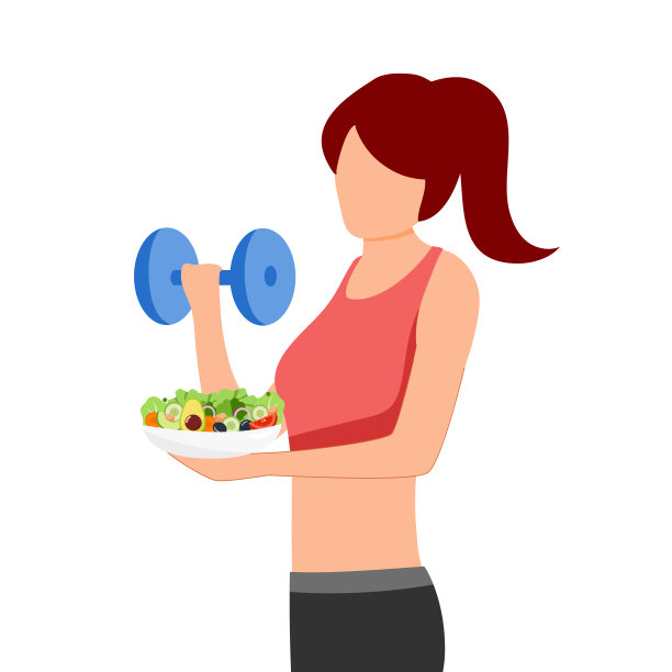 健康生活方式概念矢量插图。年轻女子拿着哑铃和沙拉盘子在平面设计。图片下载