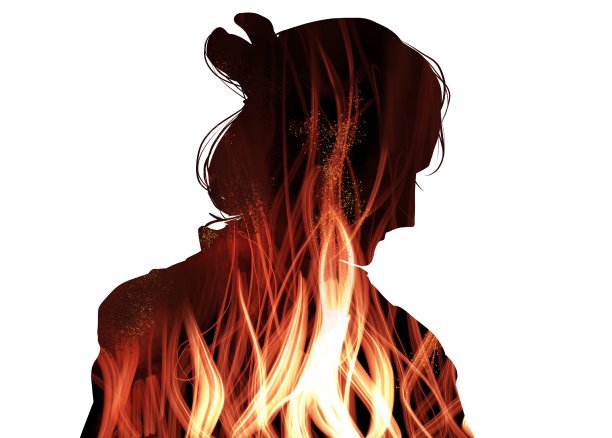 黑白剪纸风格的插图，一个悲伤的年轻江户时期武士的轮廓与火焰纹理。图片下载