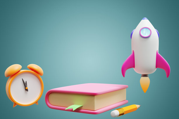 回到学校。闹钟、书和火箭。三维渲染图片下载