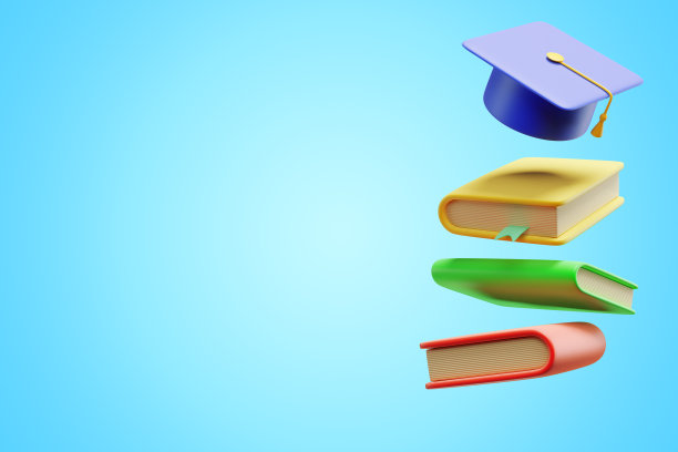 书籍和学术帽毕业生在飞行。三维渲染图片下载