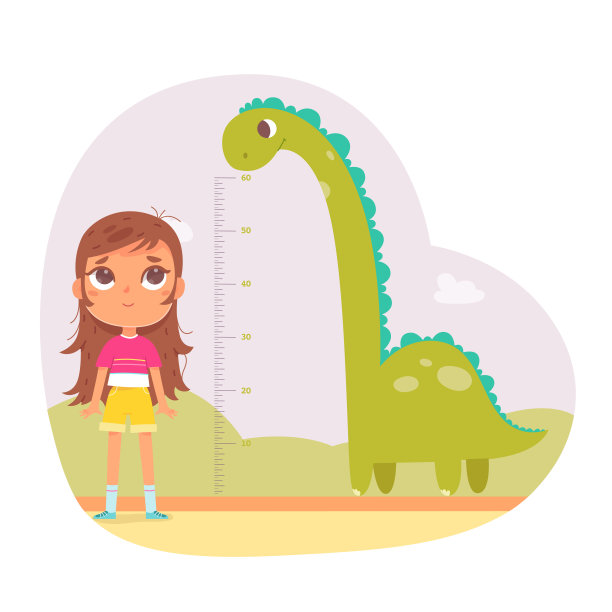 儿童身高测量图幼儿园或家庭矢量插图。卡通女孩想要长到高恐龙的高度，站在恐龙和寸尺的对面进行生长测量图片下载