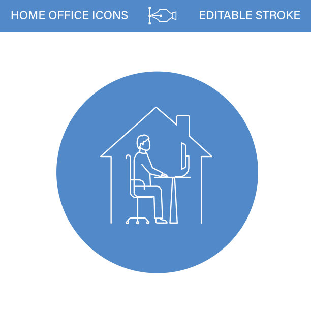 在透明背景的蓝色圆圈上的家庭办公室线路图标图片下载