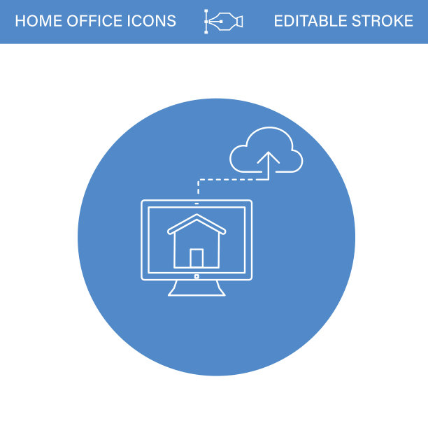 在透明背景的蓝色圆圈上的家庭办公室线路图标图片下载