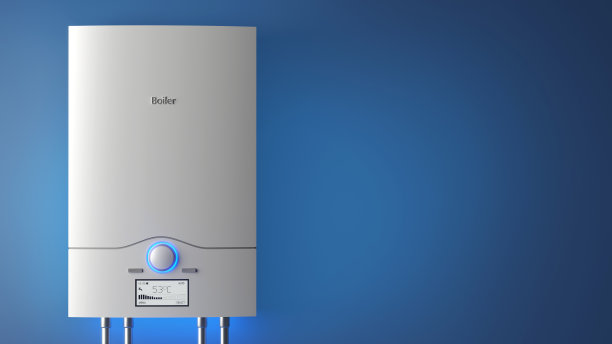 蓝色墙壁上的现代燃气锅炉，3d插图图片下载