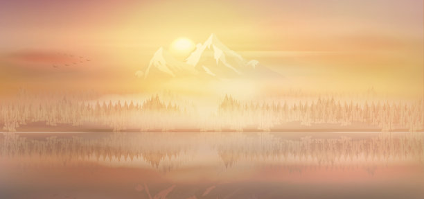 松林、山、湖、日落图片下载