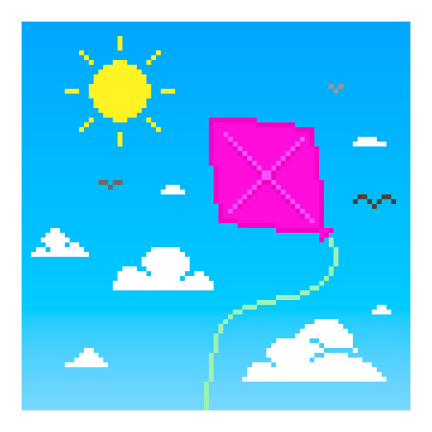 简单的矢量平面像素漫画多云的天空与太阳和风筝的艺术插图图片下载