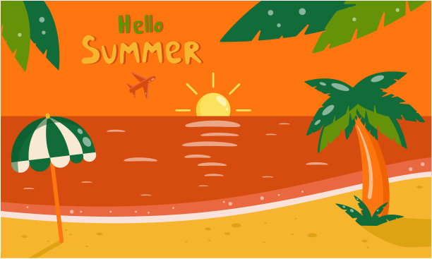 你好,夏天的背景。矢量平坦的夏季海滩日落插图。卡通夏季景观与日落，大海和棕榈树。夏天明亮的旗帜。图片下载