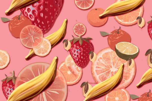 奇异的水果图案与酸橙，橙子和草莓图片下载