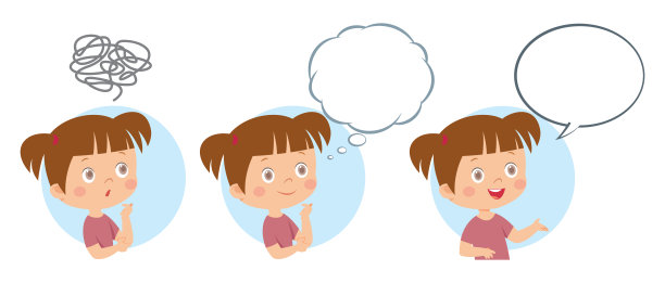 可爱的女孩解决逻辑问题，微笑的女孩思考泡沫图片下载