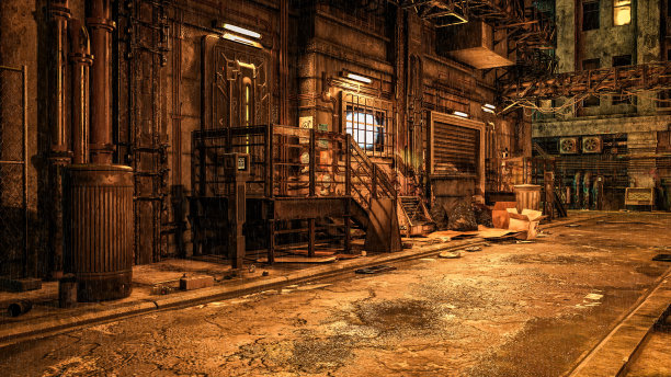 雨中的夜晚，赛博朋克反乌托邦未来城市里破旧肮脏的后巷。3 d渲染。图片下载