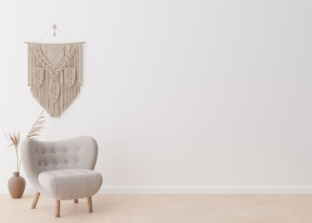 房间木地板，白色墙壁和空的空间。扶手椅，流苏，插干草的花瓶。模型内部。免费，复制空间为您的家具，图片，装饰等物品。三维渲染图片下载