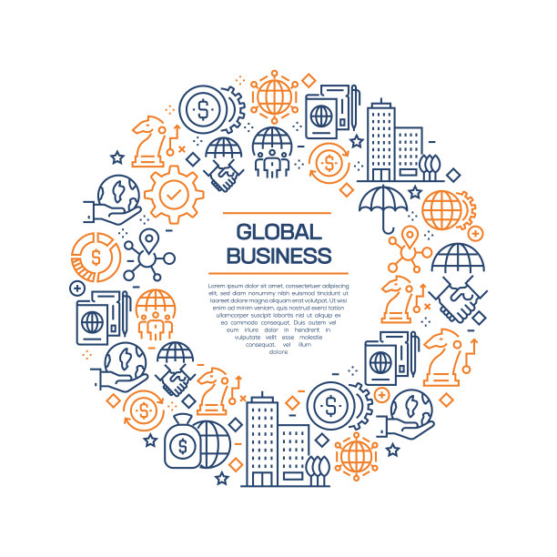 全球商业概念-彩色线条图标，排列在圆圈图片下载