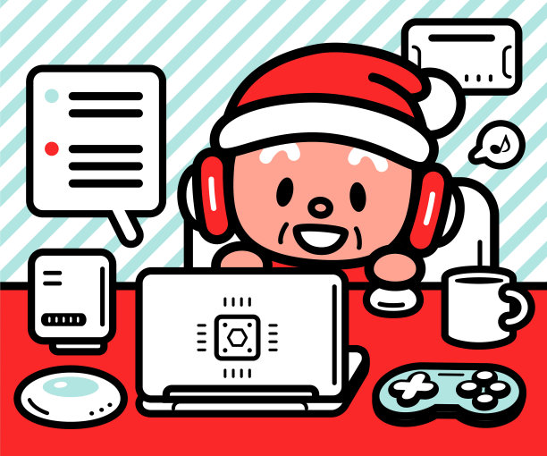 可爱的圣诞老人坐在桌旁使用笔记本电脑和AI图片下载