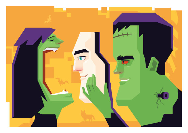 弗兰肯斯坦拿着面具，遇见僵尸女人图片下载