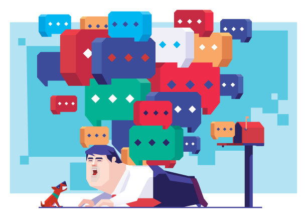 商人躺在地上，邮箱后面有一堆讲话的泡泡图片下载