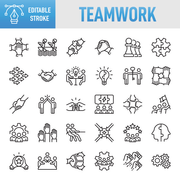 团队协作-细线矢量图标设置。像素完美。可编辑的中风。为移动和网络。该集合包含图标:团队工作，社区，人，业务，合作，伙伴关系-团队工作，组织，领导，人力资源，招聘图片下载
