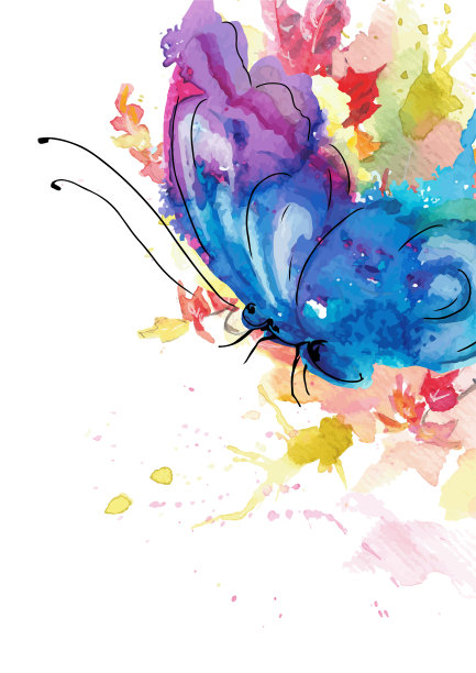 艺术秋水彩梦幻蝴蝶与树叶构图。向量图片下载