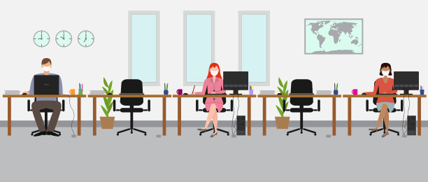 在办公室保持社交距离。三个和面具一起工作的人图片下载