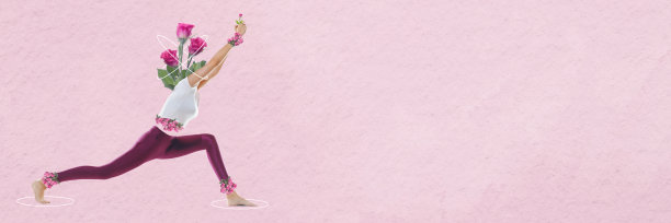 当代艺术拼贴。美丽的花朵代替了头部的女性身体在光夏天的背景。夏日、度假、度假、心情、美丽、艺术的概念图片下载