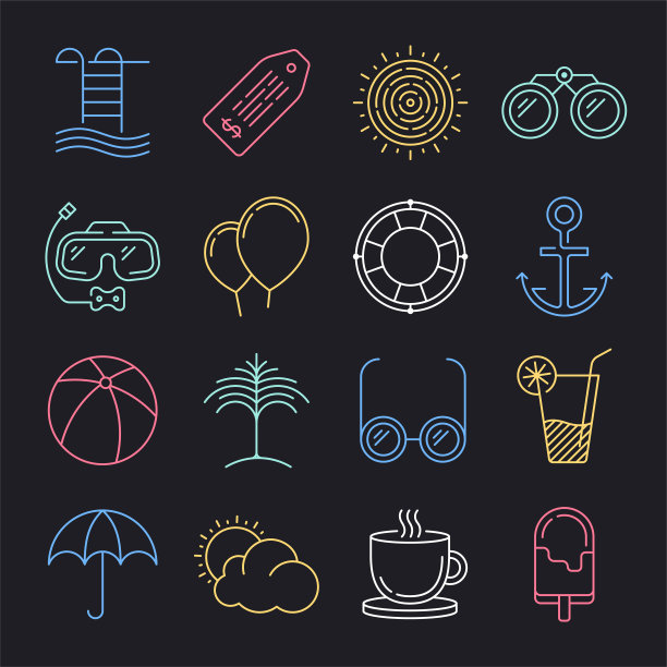 规划和管理旅游霓虹风格矢量图标集图片下载