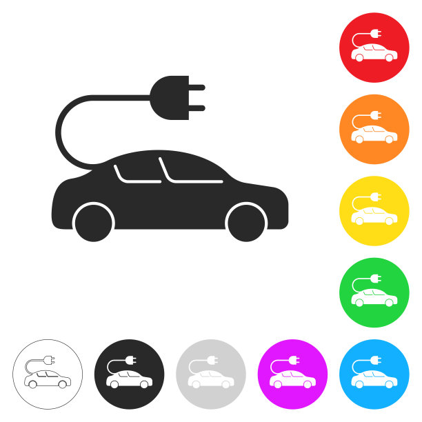 带插头的电动汽车。彩色按钮上的图标图片下载