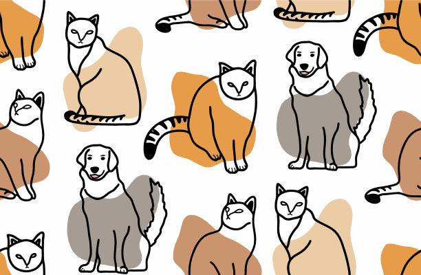 无缝图案线条艺术风格与猫和狗图片下载