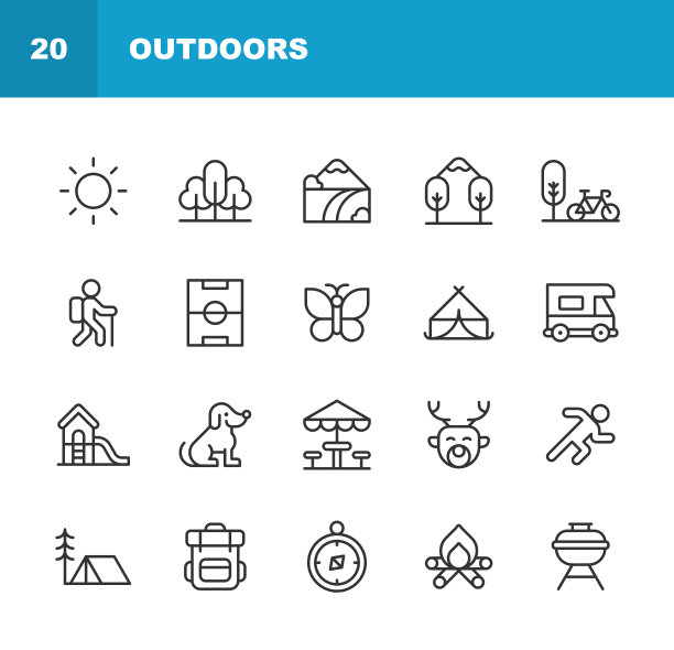 户外行图标。可编辑的中风。包含这样的图标露营，自行车，森林，徒步旅行，山，自然，户外，公园，运动，夏天，太阳，生存，旅游，交通，旅行，度假，车辆，荒野图片下载