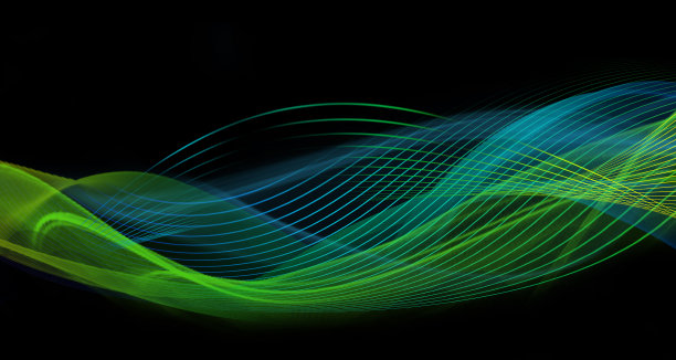 抽象的绿色和蓝色的柔软和透明的线条波设计孤立在黑色的背景。图片下载