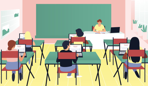 在美国，学生们在笔记本电脑上进行测试图片下载